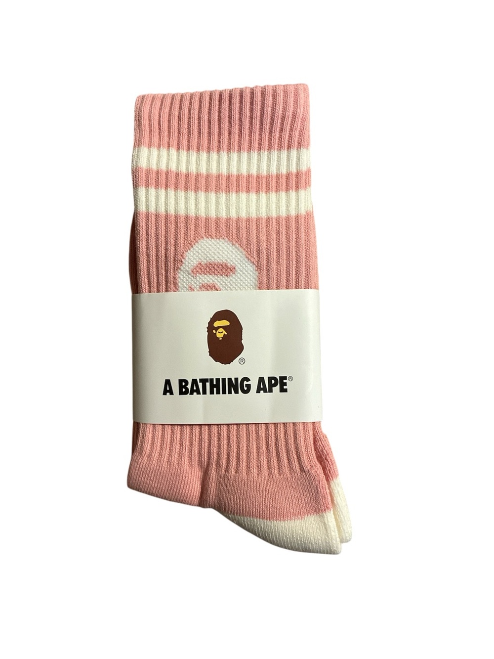 Bape Pink Striped Logo Crew Socks